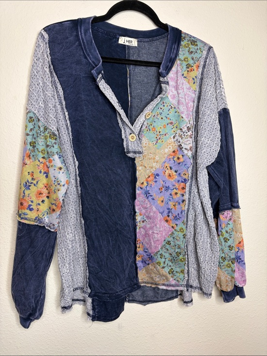 J.Her Tops - J. HER | Women’s Mixed Media Material Boho Henley Style Top Size Medium